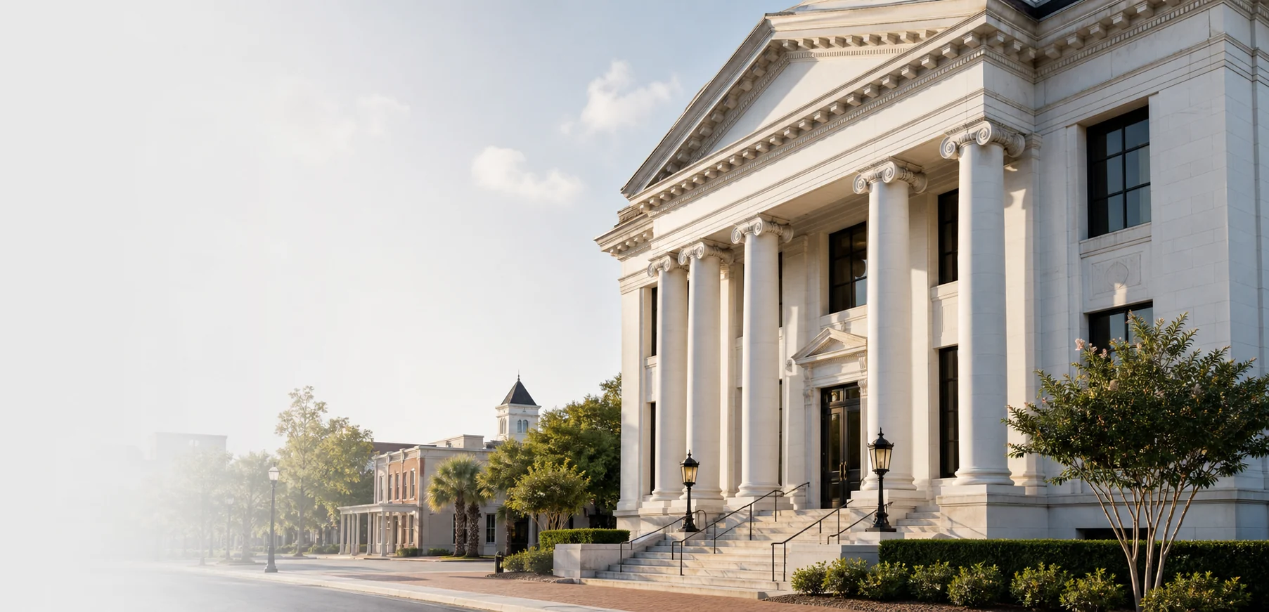 Traditional bank building with columns and landscaping